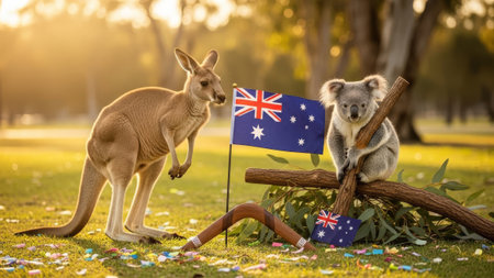 Kangaroo and koala with Australian flags in park.の素材