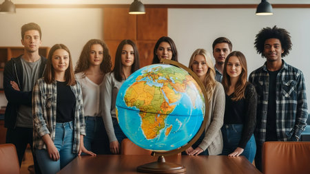 Diverse young adults, globe, classroom, modern, educationの素材