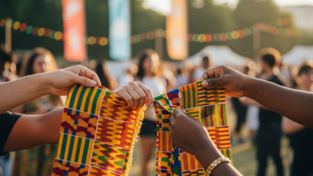 Diverse hands hold Kente fabric at outdoor festivalの素材