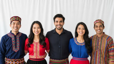 Diverse adults in colorful traditional outfits, smiling.の素材