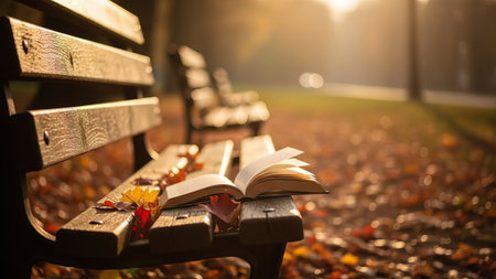 Open book on bench, autumn park, golden light, leavesの素材