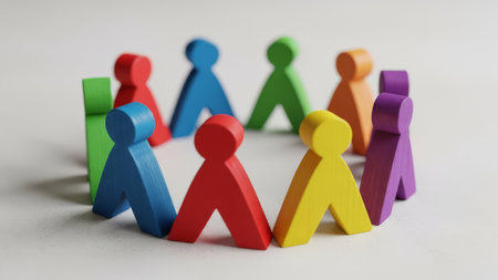 Colorful wooden figures forming a circle on white. Teamwork, unity, diversity.の素材