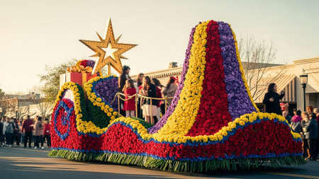 Festive flower float with people, parade, town squareの素材