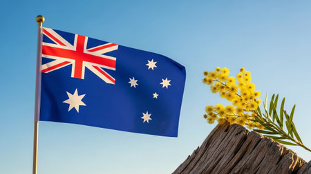Australian flag, wattle branch, blue sky, weathered wood, sunny dayの素材