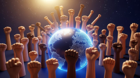 Global unity, diverse fists raised around earth, protest.の素材
