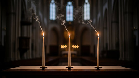 Three lit candles in a church, smoke rising from flames.の素材