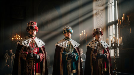Three kings in crowns and robes stand in a grand hall with candles.の素材