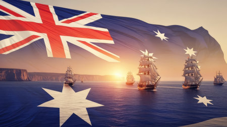 Australian tall ships fleet sail at sunsetの素材