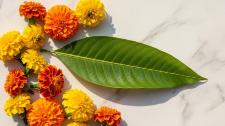 Marigold flowers and green leaf on white marble.の素材
