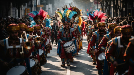 Men in colorful feathered costumes play instruments during a street paradeの素材