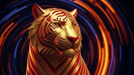 Golden tiger statue with red stripes in front of swirling lightsの素材