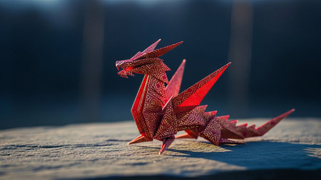 Origami red dragon sculpture on stone, detailed paper craft.の素材