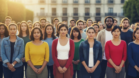 Diverse people outdoors, city street, casual, front viewの素材