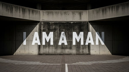 I AM A MAN text, concrete urban setting, sunlitの素材
