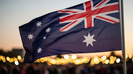 Australian flag waving at sunset, blurred crowd, bokeh lightsの素材