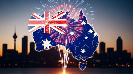 Australia map, flag, fireworks, city skyline, dusk celebration.の素材