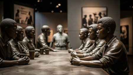 Black boys at a museum table with historical photos.の素材