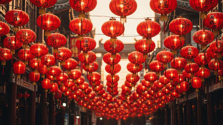 Red lanterns hung in a traditional Chinese street settingの素材
