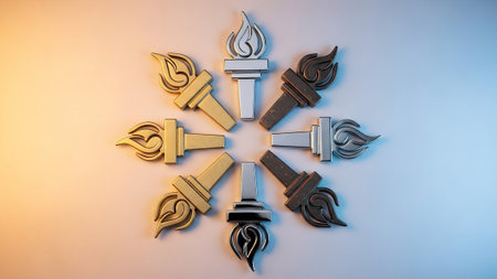 Collection of gold, silver, bronze torches in a circle.の素材