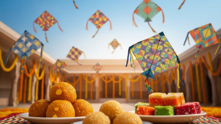 Indian festival food and kites in courtyard.の素材