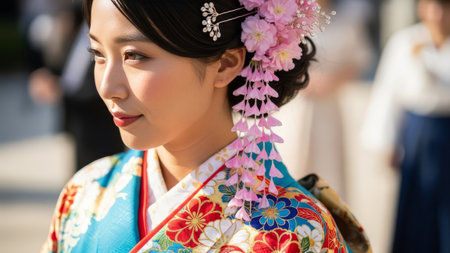 Japanese woman in colorful kimono with floral hair ornament, outdoor profile.の素材