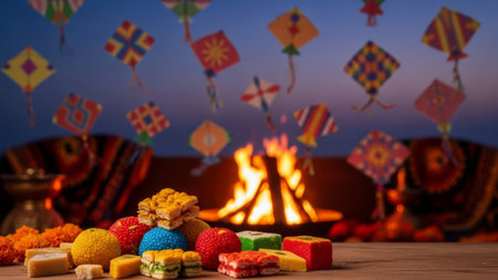 Indian sweets, kites, bonfire, marigolds at twilightの素材