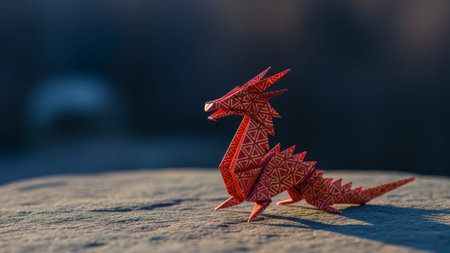 Red origami dragon on textured stone, dark background.の素材