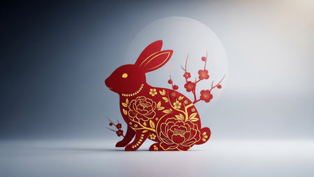 Red & gold decorative rabbit with floral patterns and moonの素材
