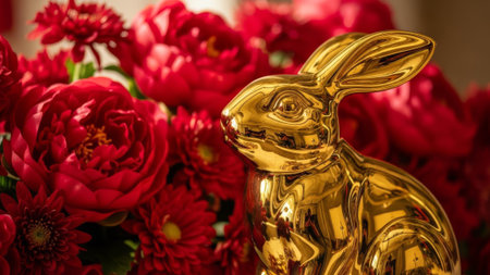 Golden rabbit, red flowers, luxury, elegant, decorativeの素材