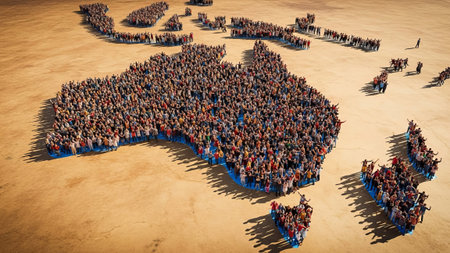 Diverse crowd forms Australia map in desert.の素材