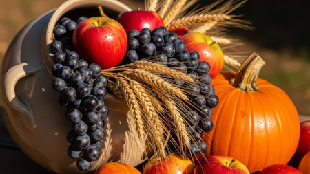 Autumn harvest with grapes, apples, pumpkin, wheat in a pot.の素材
