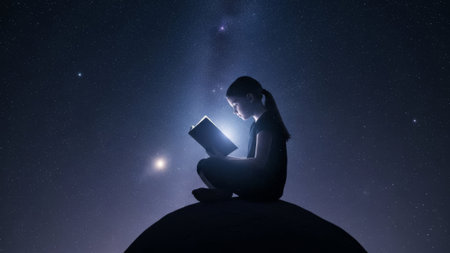 Girl reading glowing book under starry night sky.の素材