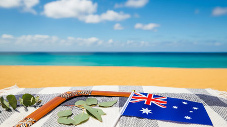 Australian flag, boomerang, eucalyptus on beachの素材