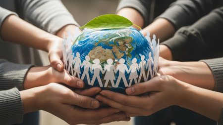 Diverse hands hold Earth with paper people chain, green leaf.の素材