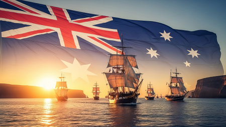 Australian tall ships sail at sunset under the national flagの素材