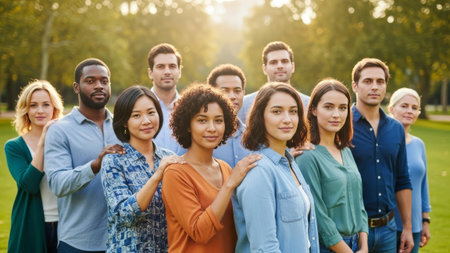 Diverse group standing in a park, sunny dayの素材
