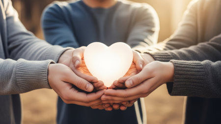 Hands holding glowing heart outdoors.の素材