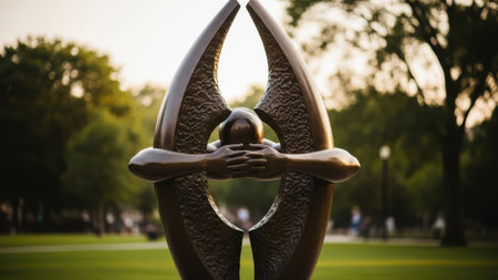 Bronze sculpture embracing figures, hands clasped, university lawn, comfort.の素材