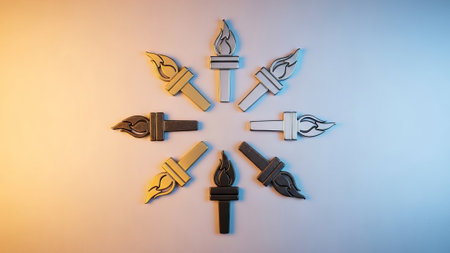 Torches arranged in a circle, symbolizing unity and inspiration.の素材