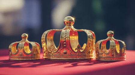 Three ornate gold crowns on red velvet.の素材