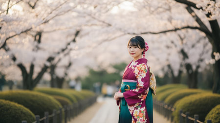 Young Japanese woman in kimono, cherry blossoms, park path, traditional dressの素材