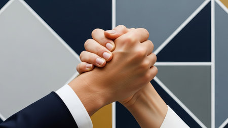 Diverse hands shaking, symbolizing partnership and success in a modern office.の素材
