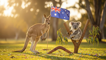 Kangaroo & koala, Australia flag, boomerang, sunny parkの素材