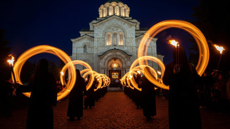 Fire dancers create light rings in front of church at night.の素材