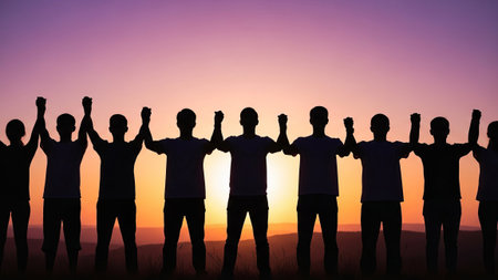 Diverse young adults holding hands at sunset, empowermentの素材
