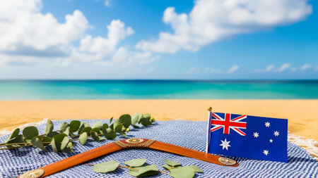 Australian flag, boomerang, eucalyptus on beach blanket, ocean backdropの素材