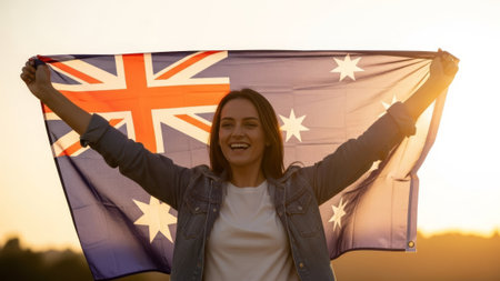 Woman with Australian flag, sunset background, outdoor shot.の素材