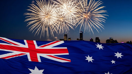 Australian flag with city skyline and fireworksの素材