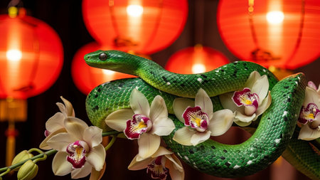 Green pit viper on orchids, red lanterns backgroundの素材
