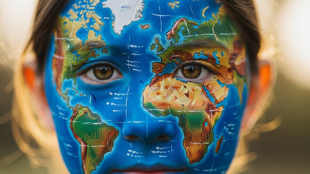 Child's face painted like Earth globe, outdoor portraitの素材